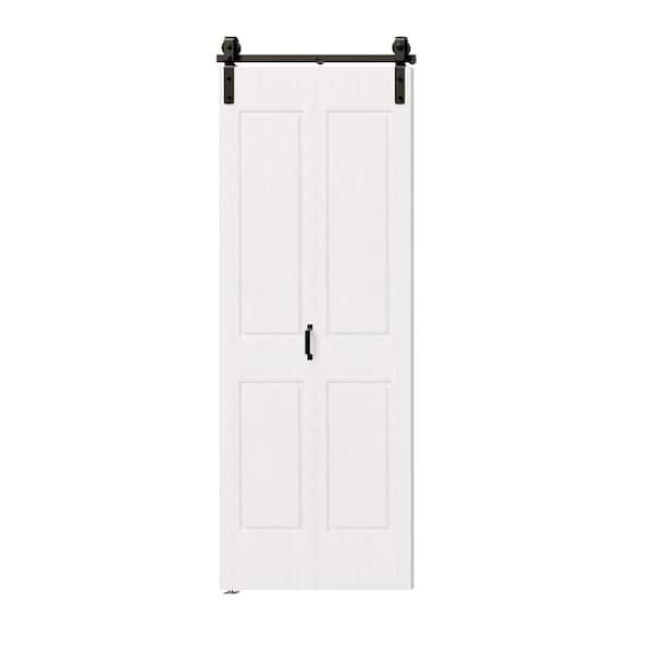 30 in. x 84 in. White Painted, MDF, 4 Panel, Pre-Assembled Panel Bi-Fold Style Sliding Barn Door with Hardware Kit