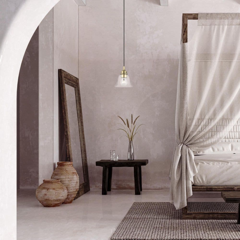 Transitional Hand-Blown Clear Glass Pendant in Antique Brass