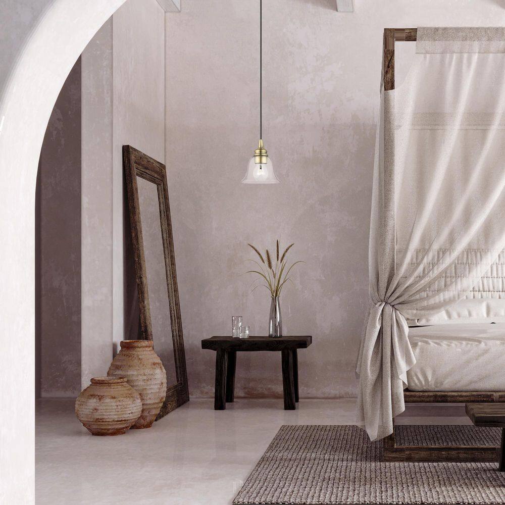 Transitional Hand-Blown Clear Glass Pendant in Antique Brass