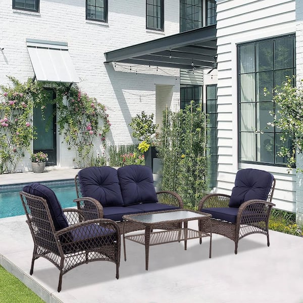 Tunearary Brown 4-Piece Outdoor Modern Wicker Set with Blue Cushions