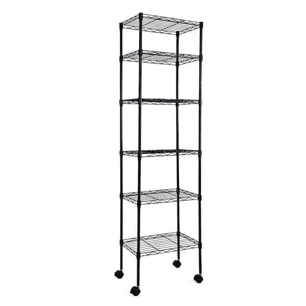 6 Tier Heavy Duty Shelving with Wheels and Hanging Hooks, Wire Shelving, Adjustable Storage Units-Black