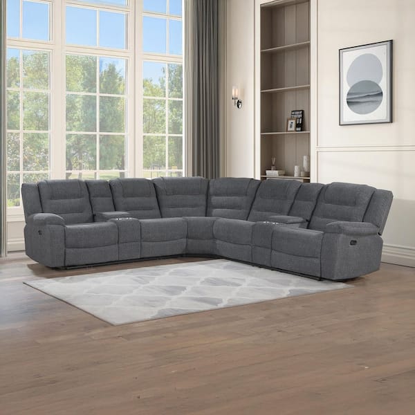 New Classic Furniture Redondo 84 in. Pillow Top Arm 3-Piece Chenille Sectional Sofa in Dark Gray-Power