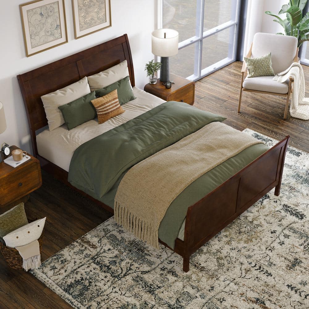 Valencia Full Walnut Wood Sleigh Platform Bed with Headboard