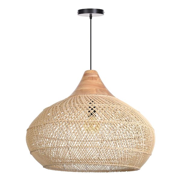 60-Watt 1-Light Beige Woven Rattan Pear-Shaped Pendant Light with Solid Wood Accent, No Bulbs Included, 16 in.