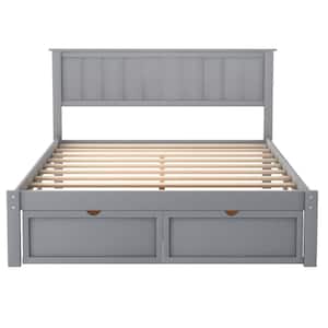 57.6 in. W Gray Full Wood Frame Platform Bed with Under-Bed Drawers