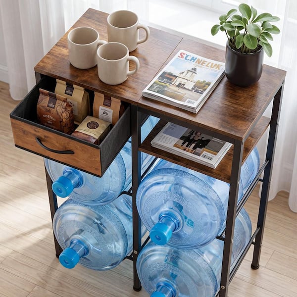 4-Tier Double Row Water Jug Rack, Organizer for 3 and 5 Gal. Bottles, Black and Brown, Heavy-Duty Shelf with Drawer