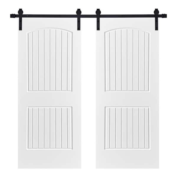 AIOPOP HOME Modern 2 Panel Cheyenne Designed 72 in. x 96 in. MDF Panel White Painted Double Sliding Barn Door with Hardware Kit