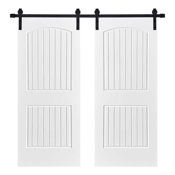AIOPOP HOME Modern 2 Panel Cheyenne Designed 60 in. x 84 in. MDF Panel White Painted Double Sliding Barn Door with Hardware Kit