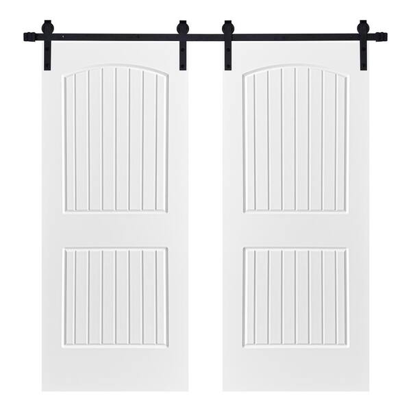 AIOPOP HOME Modern 2 Panel Cheyenne Designed 64 in. x 80 in. MDF Panel White Painted Double Sliding Barn Door with Hardware Kit