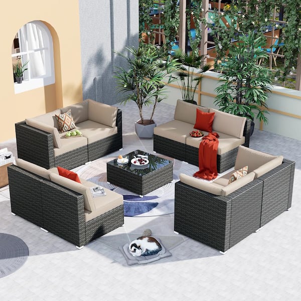 XIZZI Poseidon Gray 9-Piece Wicker Outdoor Patio Conversation Sectional Sofa Seating Set with Beige Cushions