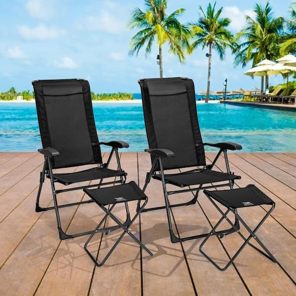 4 Pieces Metal Patio Adjustable Back Folding Dining Chair Ottoman Set-Black