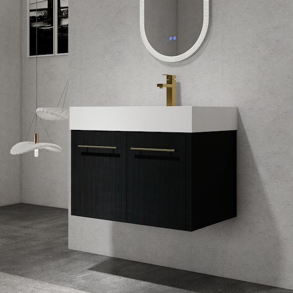 FAMYYT 30 in. W x 18.1 in. D x 22.4 in. H Single Sink Floating Bath Vanity in Black with White Thick Edged Resin Top and Basin