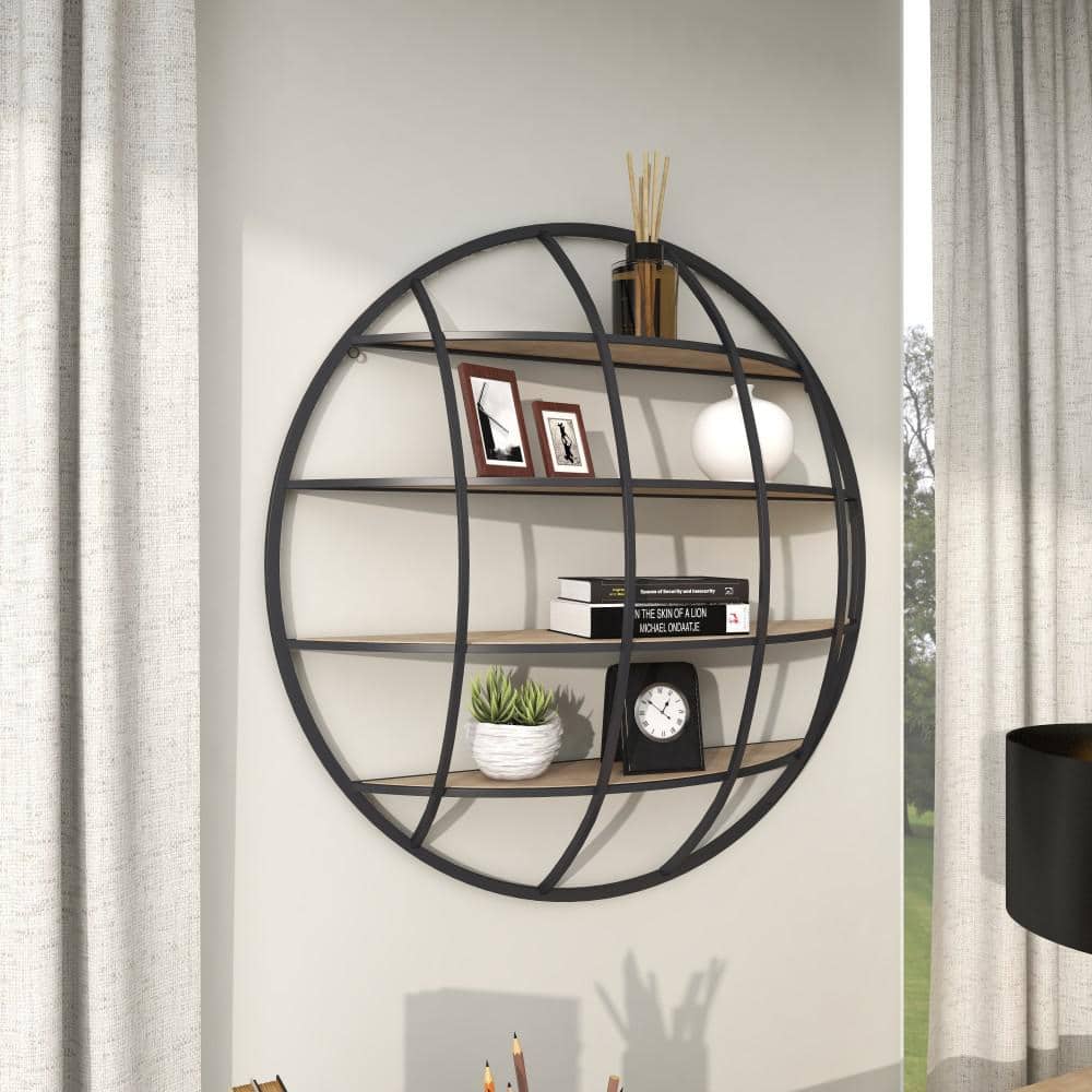 Rustic Iron and Wood 36" Geometric Round Floating Wall Shelf