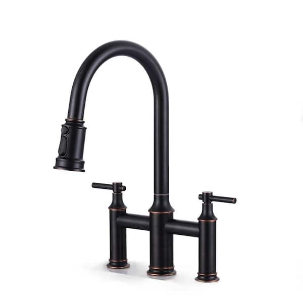1 or 3-Holes Brass Double Handle Bridge Kitchen Faucet with 3-Mode Pull Down Sprayer, Supply Lines in Oil Rubbed Bronze