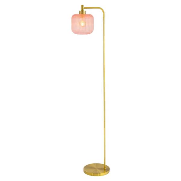 River of Goods Elaine 62.75 in. Brushed Gold-Colored Floor Lamp with Pink Contoured Glass Shade