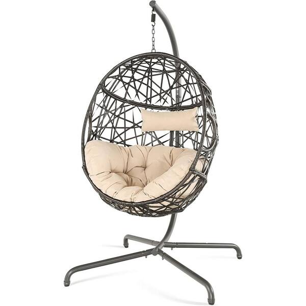 Outdoor Egg Chair PE Wicker Freestanding Porch Swings Hanging with Beige Cushion Hammock Basket Chair with Stand