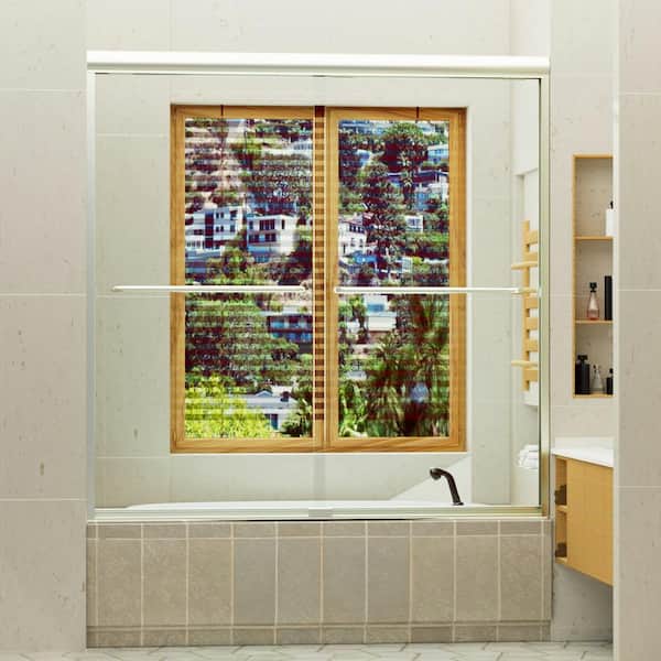 Unbranded 60 in. W x 60 in. H Sliding Tub Door in Brushed Nickel with Clear Glass