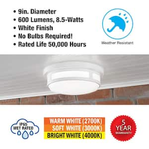 9 in. Round White Indoor Outdoor LED Flush Mount Ceiling Light 600 Lumens 2700K 3000K 4000K Wet Rated (4-Pack)