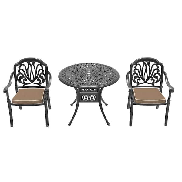 3-Piece Aluminum Outdoor Dining Set with Brown Cushions, Patio Furniture Set