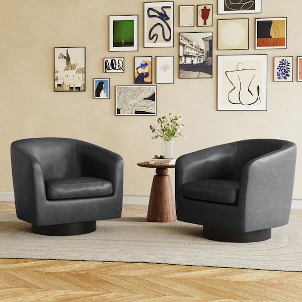 Uixe Black PU Leather Upholstered 360° Swivel Accent Barrel Chair with Wood Frame (Set of 2)