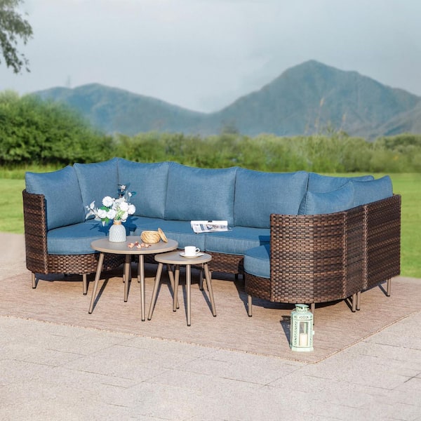PHI VILLA Black 8-Pieces Metal Patio Conversation Sectional Seating Set with 2 Round Coffee Table, Brown Rattan and Blue Cushions