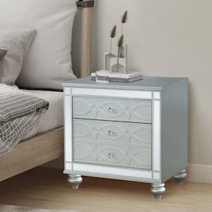 Silver Modern Glam Nightstand with Round Crystal Knobs and USB Ports (28 in. L x 18 in. W x 29.25 in. H)