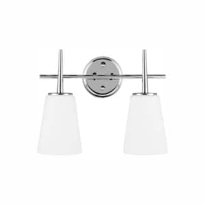Driscoll 15.5 in. 2-Light Contemporary Modern Chrome Wall Bathroom Vanity Light with White Glass Shades and LED Bulbs