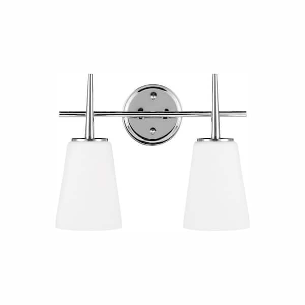 Generation Lighting Driscoll 15.5 in. 2-Light Contemporary Modern Chrome Wall Bathroom Vanity Light with White Glass Shades and LED Bulbs