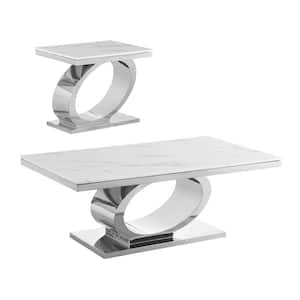 Megan 55 in. White Rectangle Marble Top Coffee Table Set with Stainless Steel Base 2-Piece