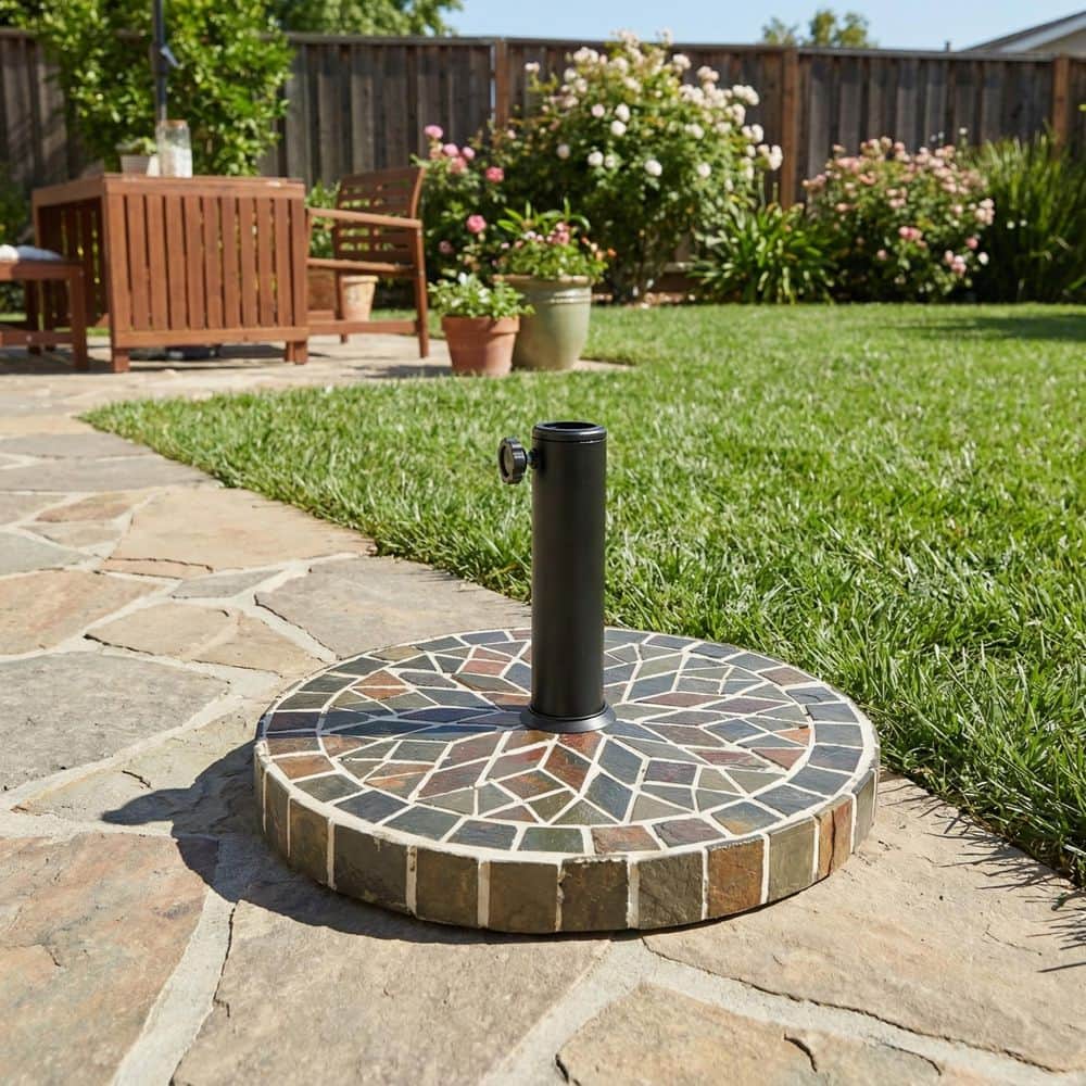 christopher knight patio umbrella CHRISTOPHER KNIGHT HOME Yorwick Outdoor 18.9 in W x 12.4 in. H Metal,  Ceramic Tile and Concrete Round Patio Umbrella Base in Mixed Color 177548