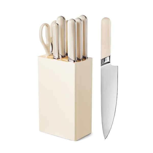 Numhew 8-Piece Beige Stainless Steel Knife Set with Block, Sharp Blade Block Knife Set