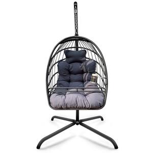 Freestanding Wicker Rattan Patio Basket Hanging Egg Swing Chair with Black Cushions