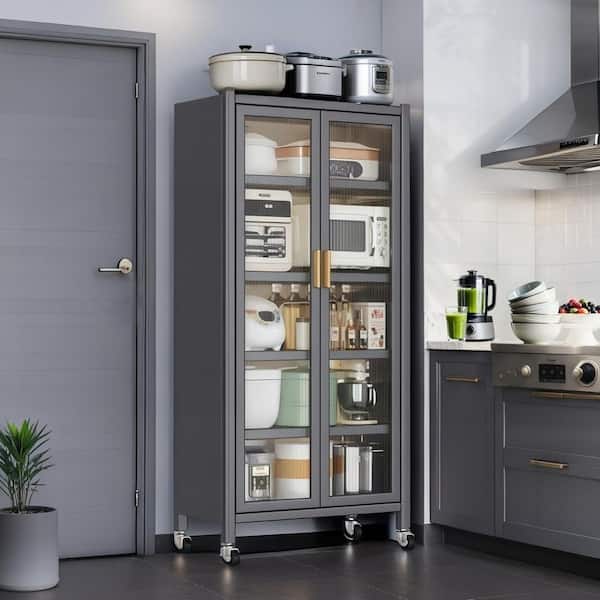 Cecilia Gray Metal 65.16 in. H Pantry Storage Cabinet with Transparent Door, Adjustable Shelves, Wheels