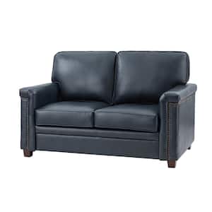 Samuel 56 in. Wide Navy Leather Rectangle 2-Seat Sofa with Solid Wooden Legs