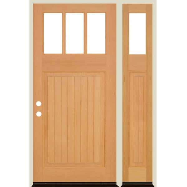 Krosswood Doors 50 in. x 80 in. Craftsman 3-Lite Clear Glass VG Clear Stain Right Hand Hemlock Wood Prehung Front Door w/RSL