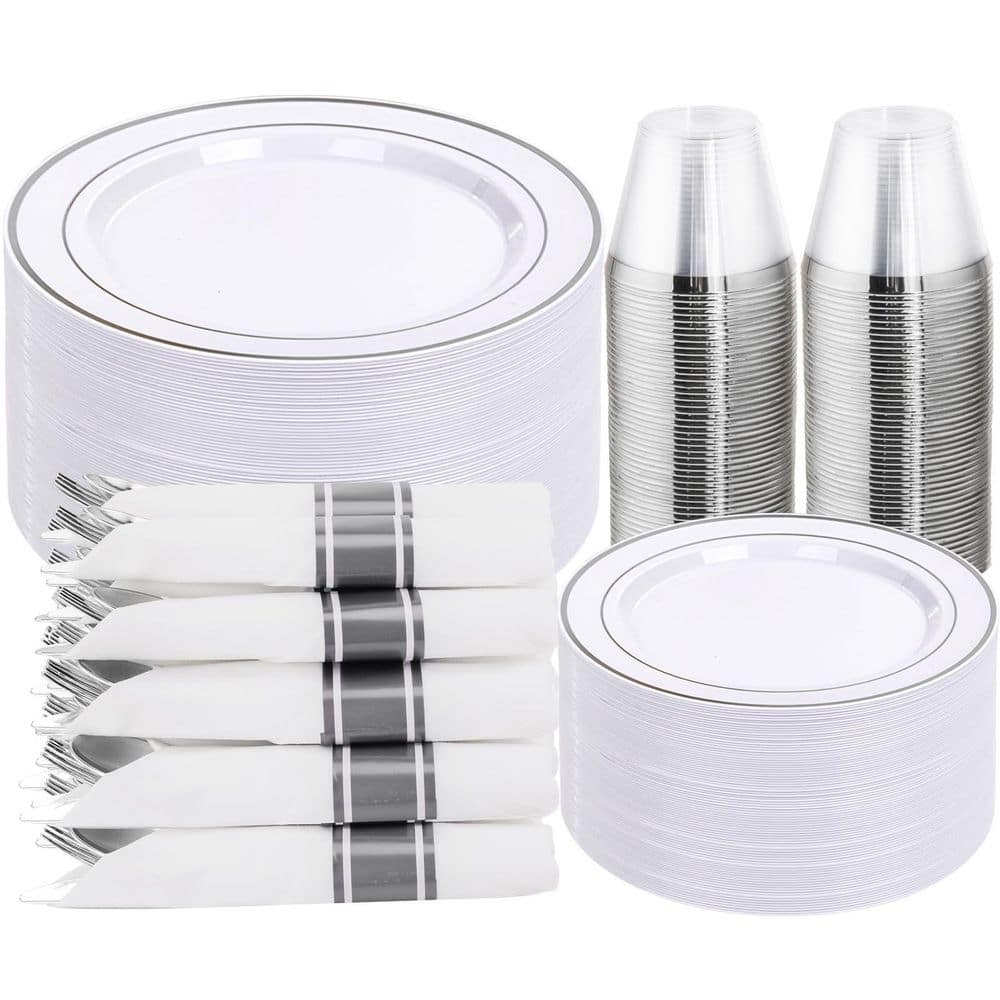 350-Piece Silver Disposable Plastic Dinnerware Set Service for 50 Guests, Fancy Plates for Wedding and Party price history on PriceWatchPro