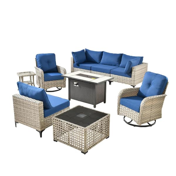 Holston 9-Piece Wicker Modern Outdoor Patio Fire Pit Conversation Sofa Set with Swivel Chairs and Navy-Blue Cushions