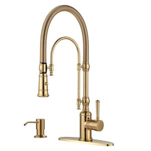 Single Handle Convenient Pull Down Sprayer Kitchen Faucet in Brushed Gold with Soap Dispenser