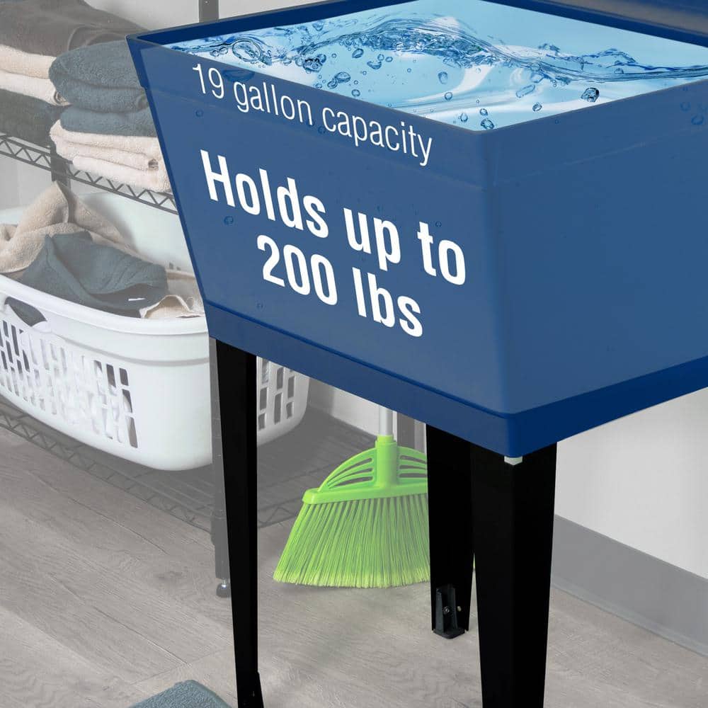 Blue Freestanding Utility Sink with Black High-Arc Faucet