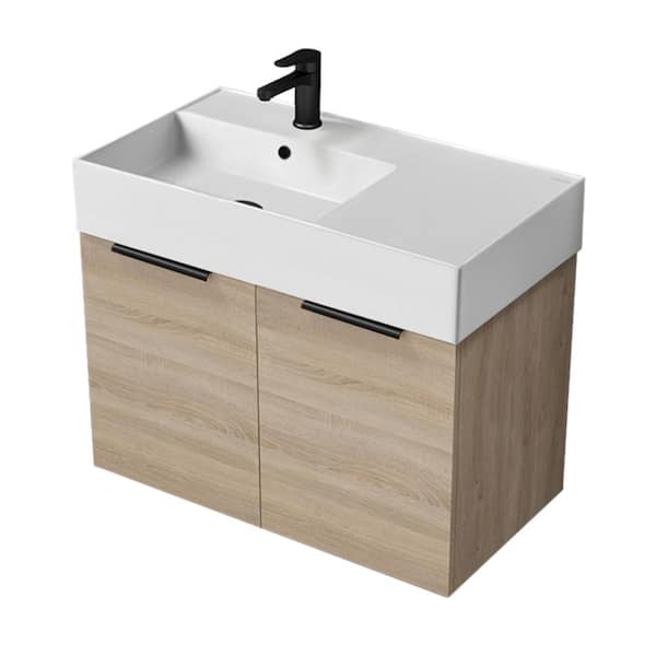 Derin 31.9 in. W x 17.3 in. D x 25.2 in. H Modern Bathroom Vanity in Brown Oak With White Ceramic Top