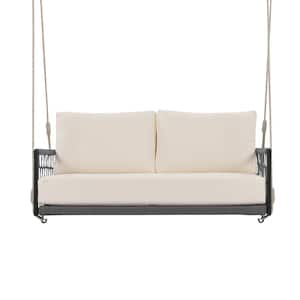 2-Person Gray Frame Metal Patio Swing Sofa with Beige Cushions