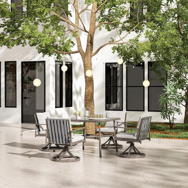 EGEIROSLIFE Sleek Line 5-Piece Aluminum Rectangular Outdoor Dining Set with Swivel Chairs and Light Gray Cushions