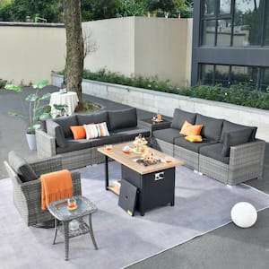 Messi Gray 10-Piece Wicker Outdoor Fire Pit Patio Conversation Sectional Sofa Set with a Swivel Chair and Black Cushions