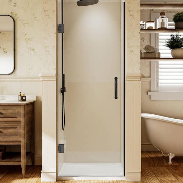 28 in. W x 72 in. H Frameless Pivot Hinged Shower Door in Black with Handle and 5/16 in. (8 mm) Clear Glass