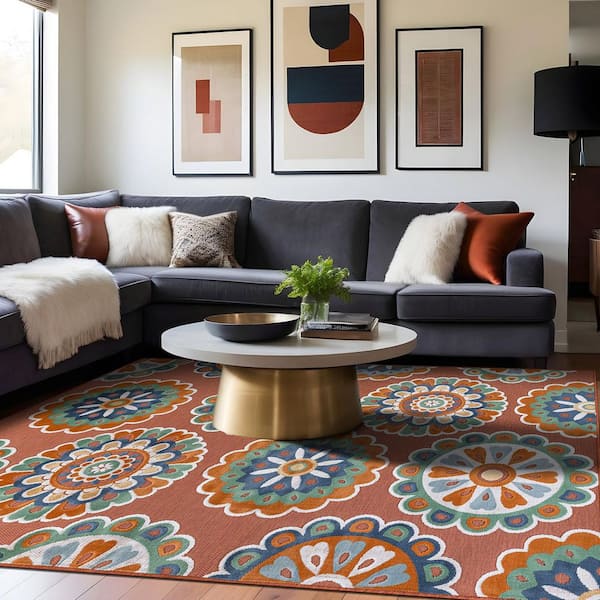 Mandala 6 ft. x 9 ft. Orange  Washable Bohemian Medallion Indoor Outdoor Area Rug