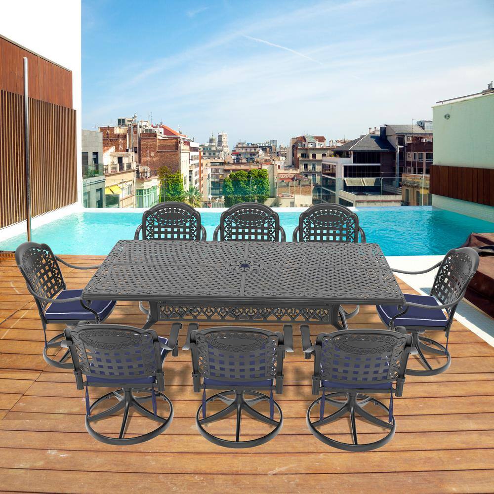 Vintage 9-Piece Cast Aluminum Patio Outdoor Dining Set with Rectangular Dining Table,8 Swivel Chairs and 8 Blue Cushions