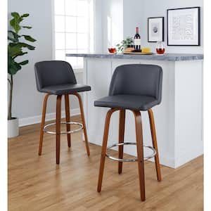 Toriano 29.5 in. Grey Faux Leather, Walnut Wood, and Chrome Metal Fixed-Height Bar Stool (Set of 2)