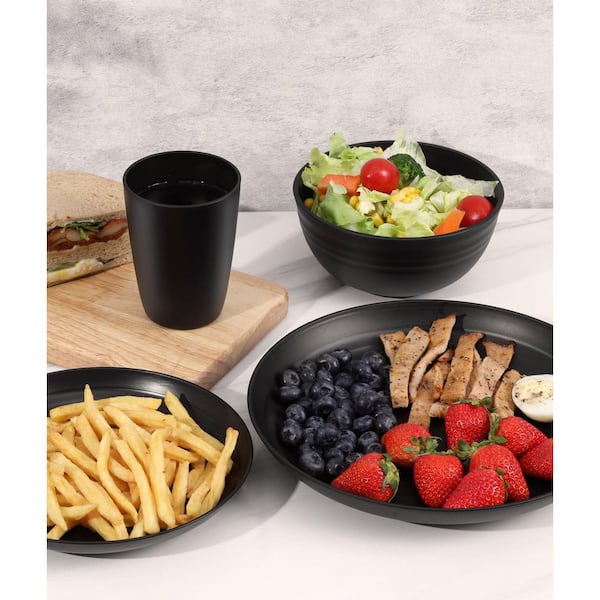 24-Piece Plastic Dinnerware Set in Black, Unbreakable Plates and Bowls for Kitchen and Dining (Service for 6)