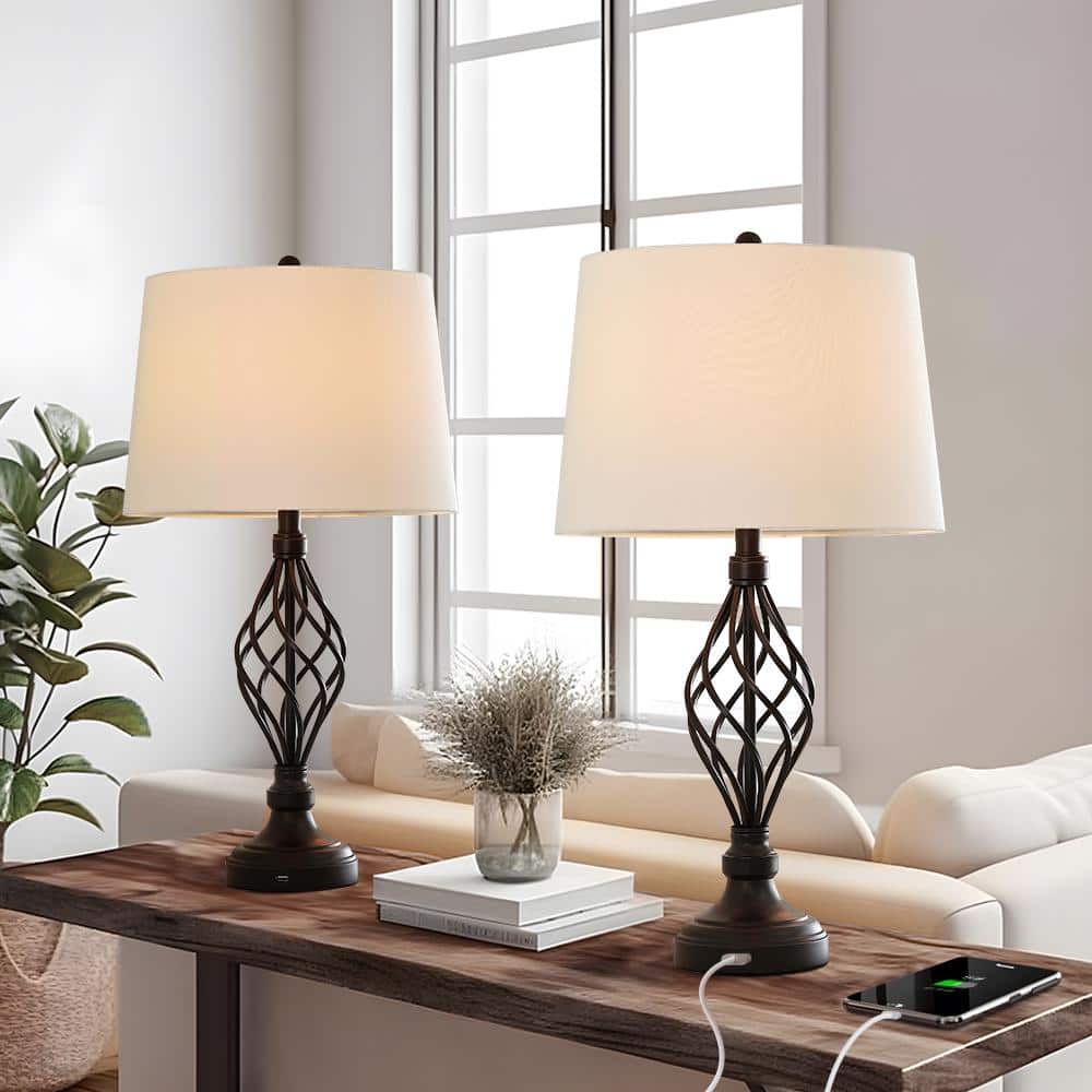 28 in. Bronze Table Lamps Set with White Linen Shade and USB Ports