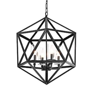 Renzo 4-Light Antique Black Geometric Iron Modern Farmhouse Cage Chandelier with Clear Glass Shades